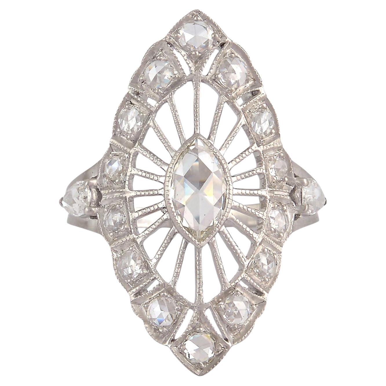 Marquise Shaped Cocktail Ring Accented With Rose Cut Diamonds In 18k White Gold For Sale