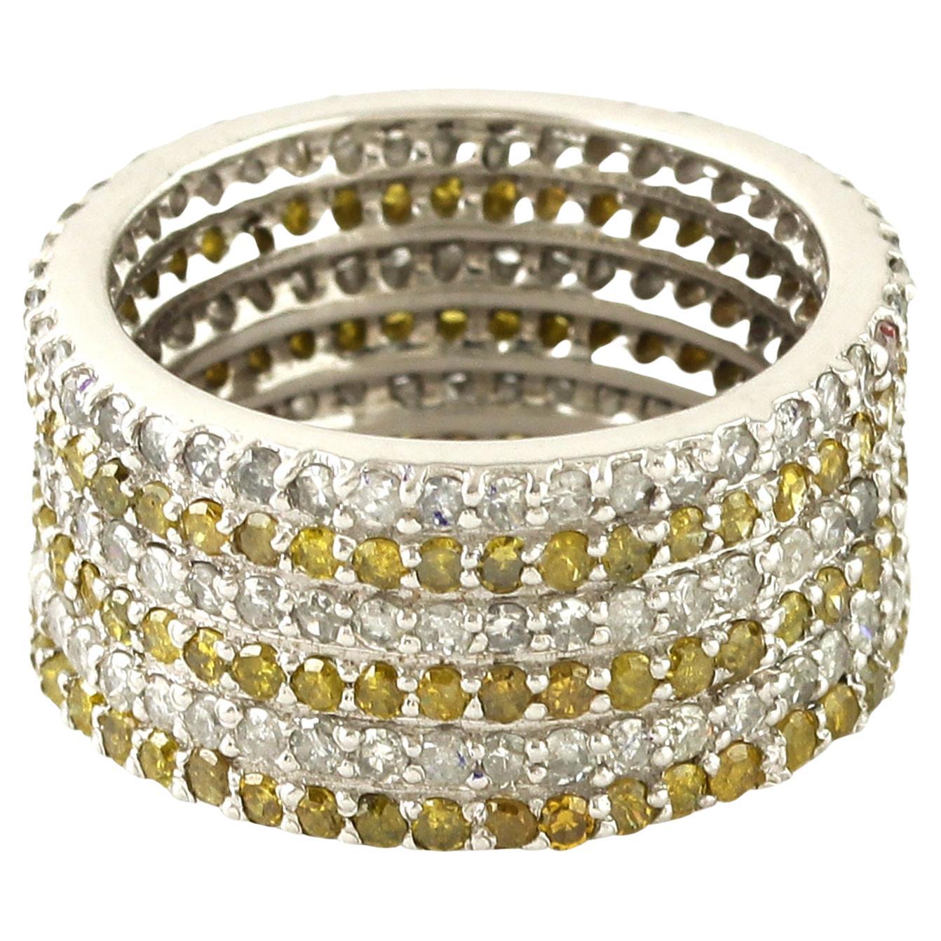 Yellow & White Pave Diamond Band Ring Made In 14k White Gold For Sale