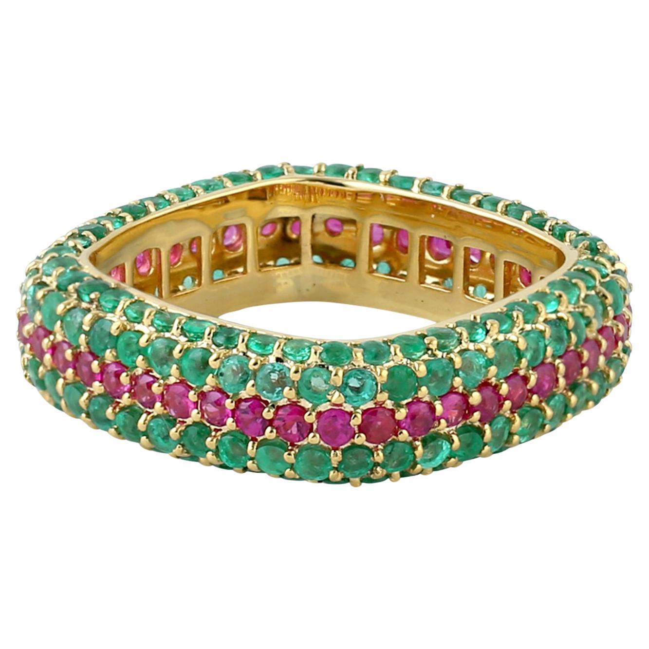 Pave Emerald & Ruby Band Ring Made In 18k Yellow Gold