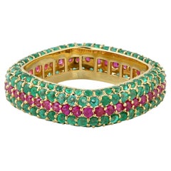Pave Emerald & Ruby Band Ring Made In 18k Yellow Gold