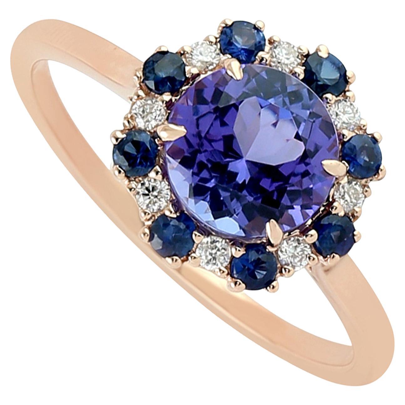 Tanzanite Cocktail Ring With Blue Sapphire & Diamonds Made In 18k Rose Gold For Sale