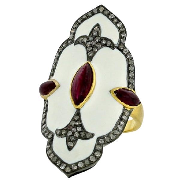 Pave Diamant-Emaille-Ring mit Rubin aus 18 Karat Gold und Silber im Angebot