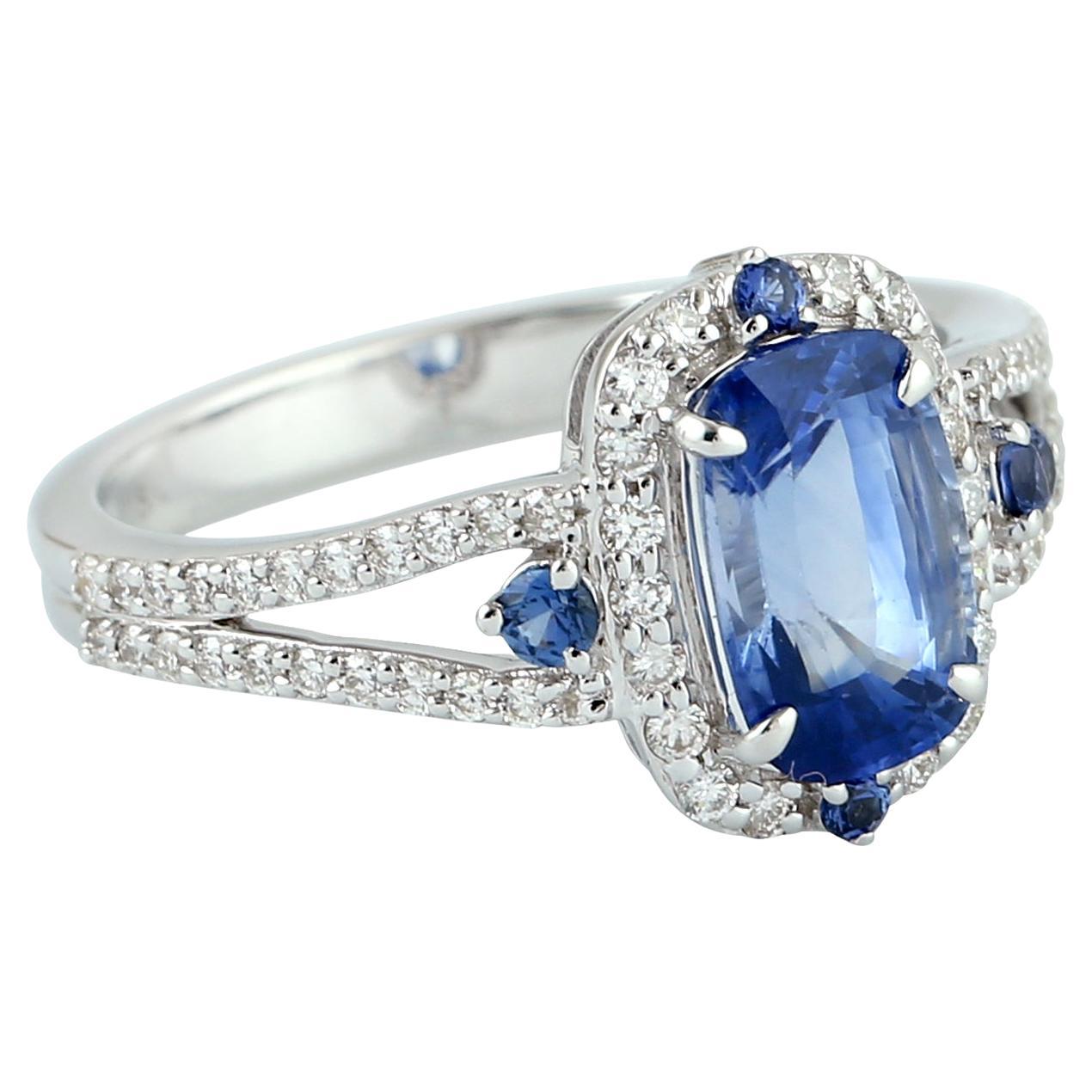 Blue Sapphire Cocktail Ring With Pave Diamonds Made In 18k White Gold For Sale