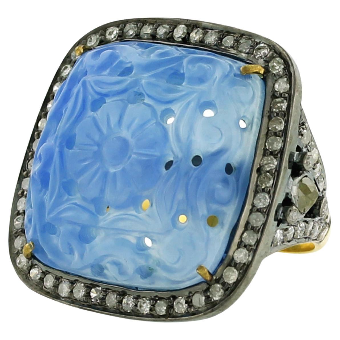 10.1 ct Blue Agate Cocktail Ring With Pave Diamonds Made In 18k Gold & Silver