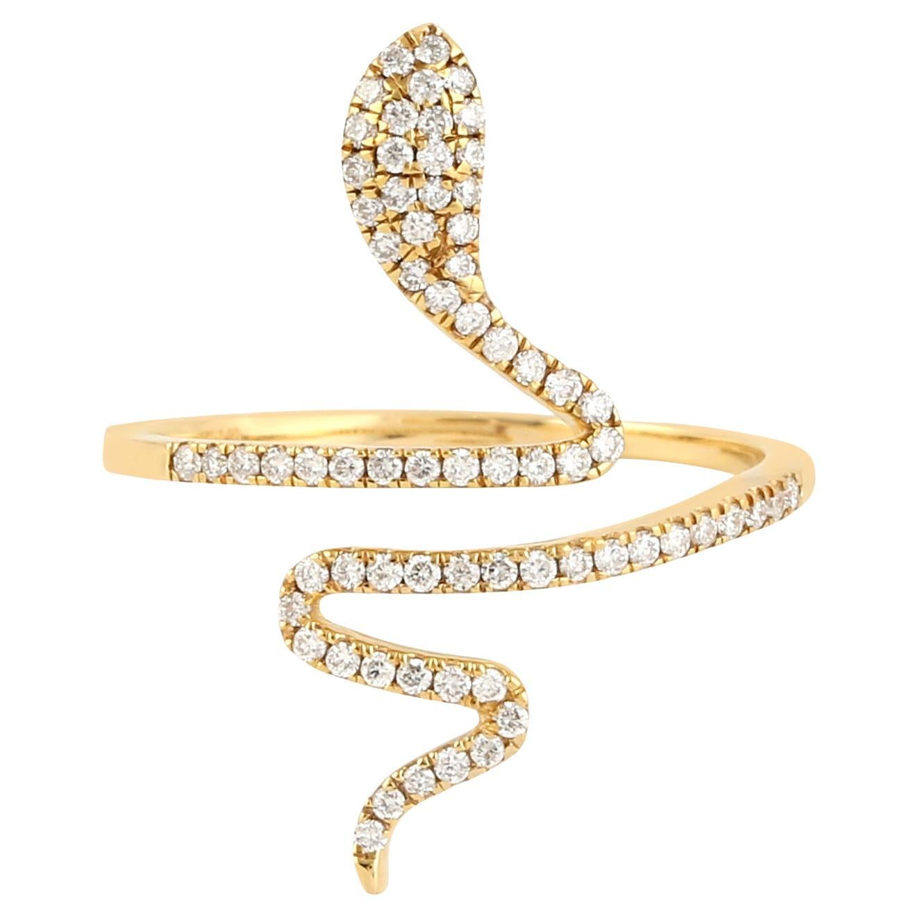 Snake Shaped Ring With Pave Diamonds Made In 18k Yellow Gold For Sale