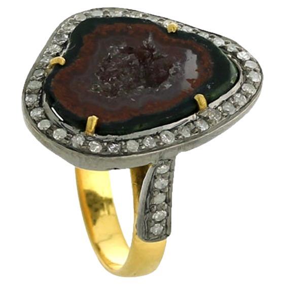 11 ct Sliced Geode Cocktail Ring With Pave Diamonds In 18k Yellow Gold & Silver For Sale