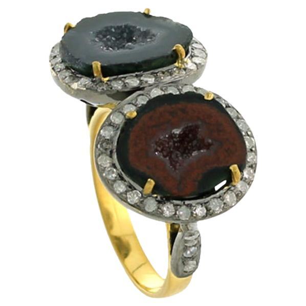 8.45 ct Multicolor Sliced Geode Ring With Diamonds Made In 18k Gold & Silver For Sale