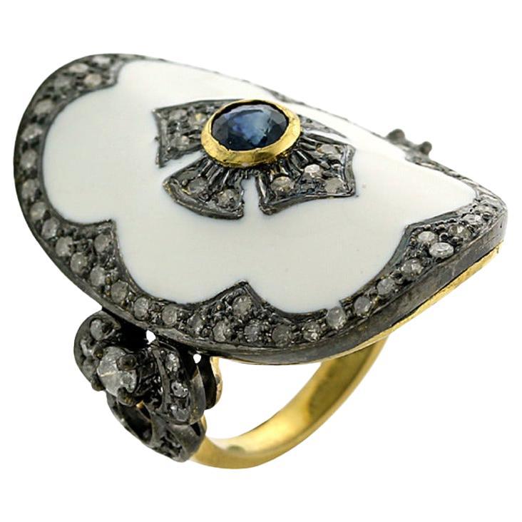 Pave Diamond Enamel Ring With Sapphire Made In 18k Gold & Silver For Sale