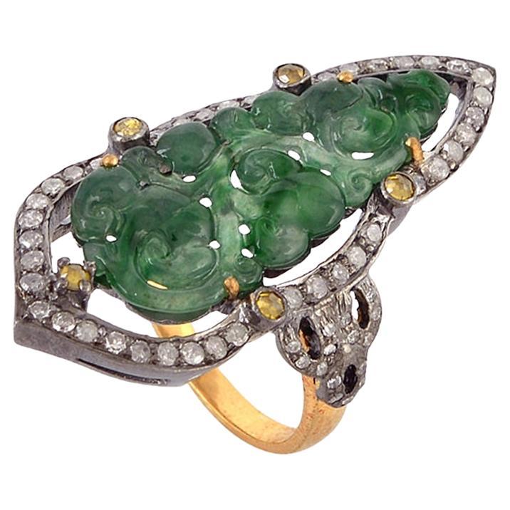 Carved Jade Cocktail Ring With Diamonds Made In 18k Yellow Gold & Silver For Sale
