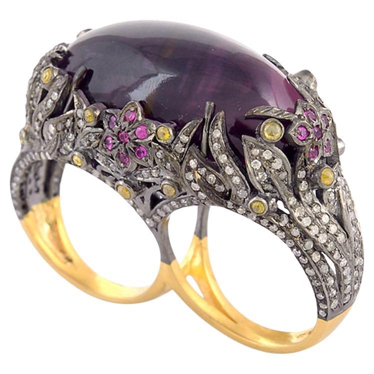 55.60ct Marquise Shaped Amethyst Cocktail Ring With Ruby & Dianonds For Sale