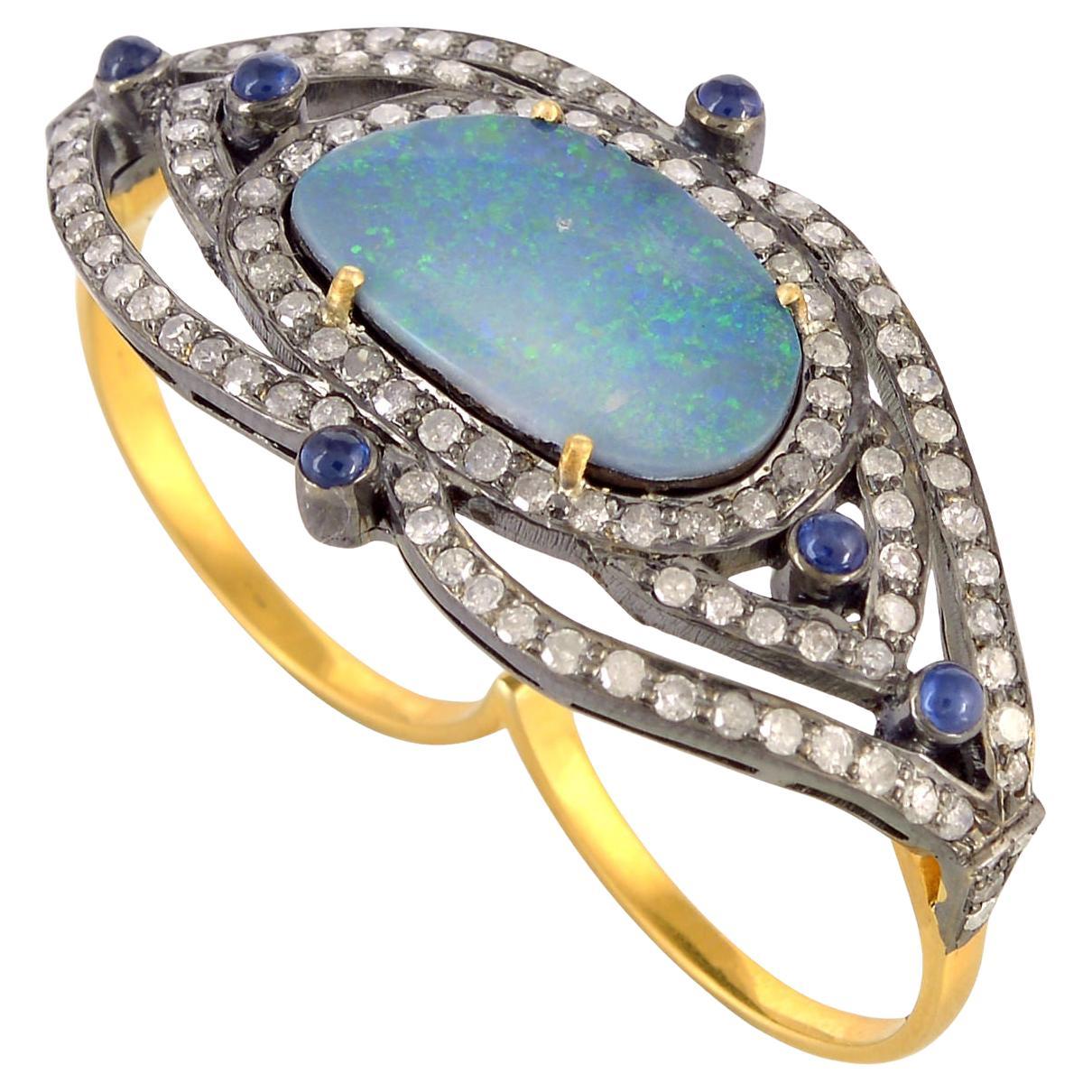 Opal Cocktail Ring With Blue Sapphire & Diamonds Made In 18k Gold & Silver