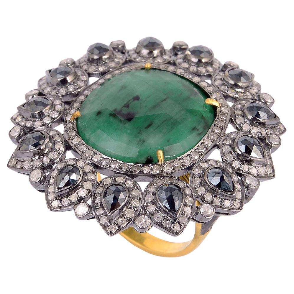 9.8ct Oval Shaped Emerald Cocktail Ring With Spinel & Diamonds In 18k Gold For Sale