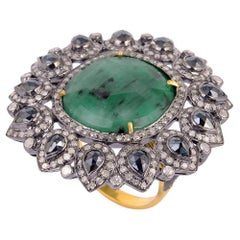 9.8ct Oval Shaped Emerald Cocktail Ring With Spinel & Diamonds In 18k Gold