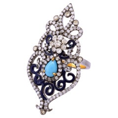 Peacock Feather Style Long Ring With Turquoise & Diamonds In 18k Gold & Silver