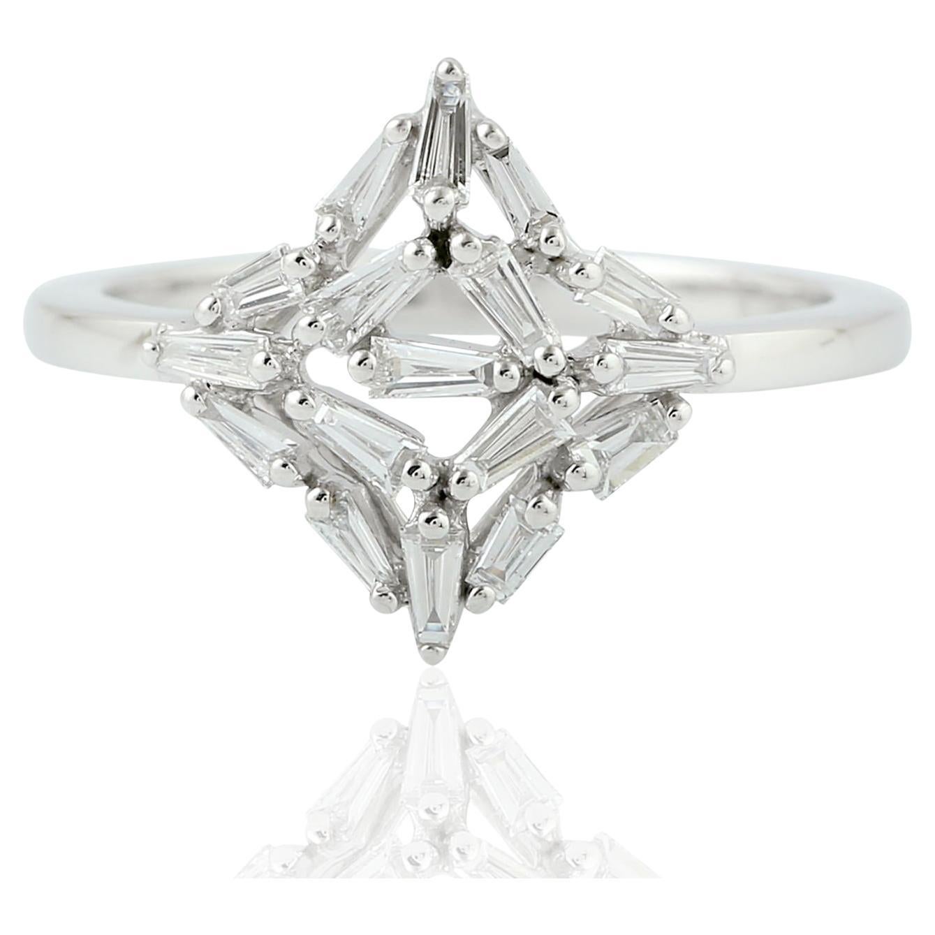 Star Shaped Baguette Diamond Ring Made In 18k White Gold For Sale