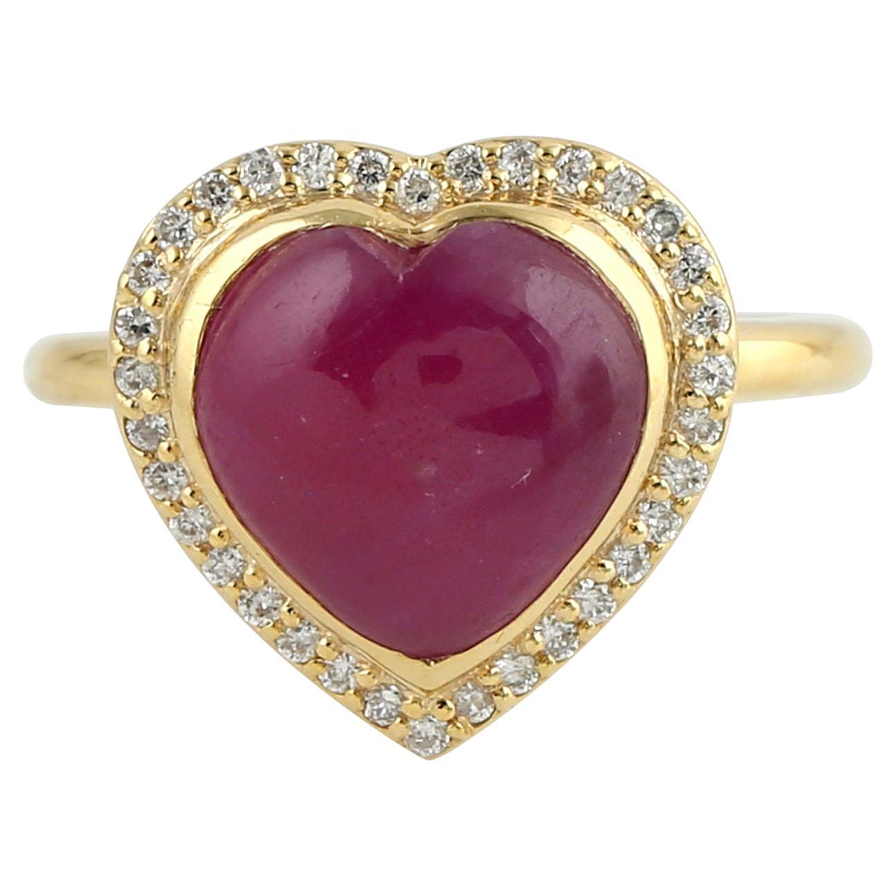 6.41 Ct Heart Shaped Pink Sapphire Cocktail Ring With Diamonds In 18k Gold For Sale
