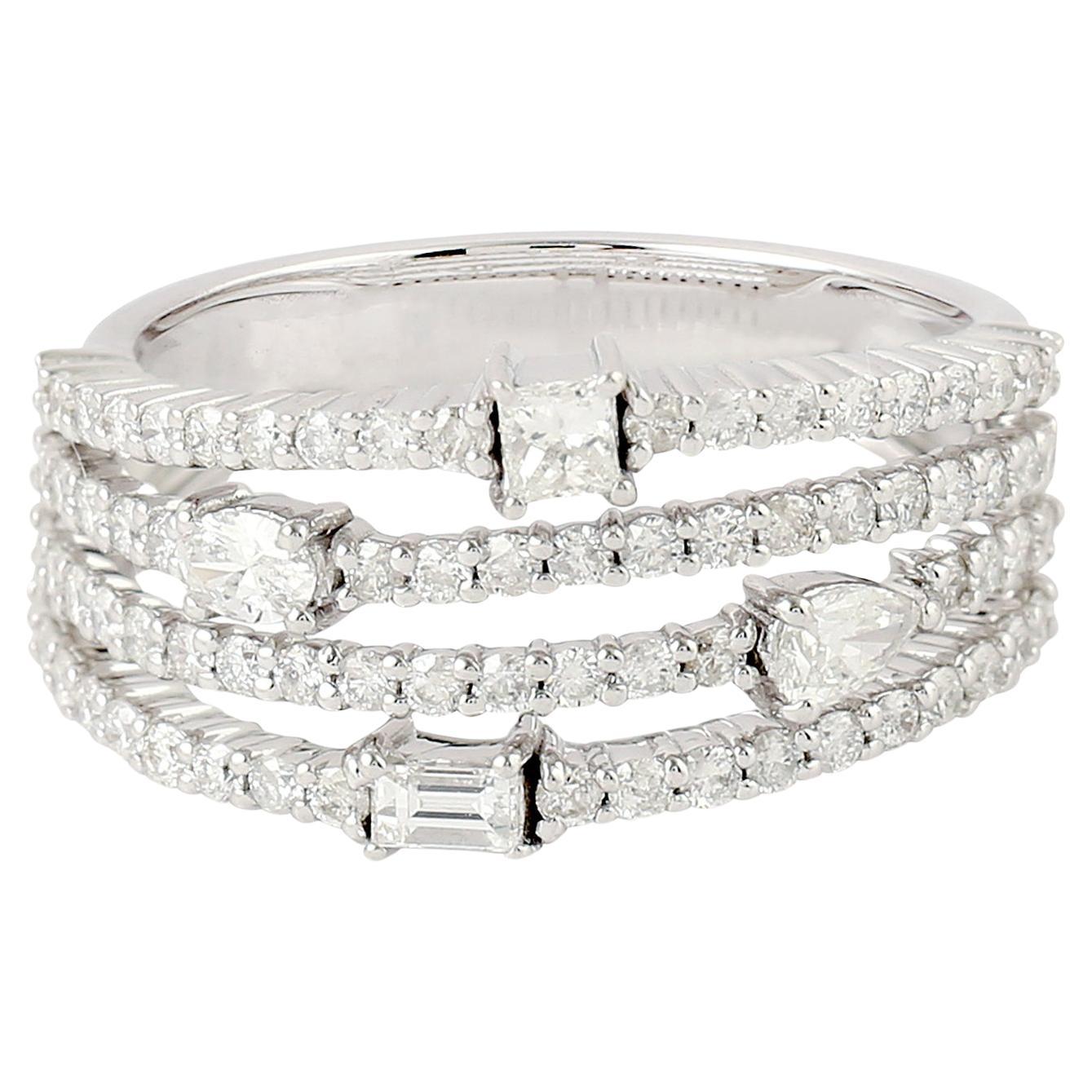 Fancy Diamond Band Ring With Pave Diamonds Made In 18k White Gold