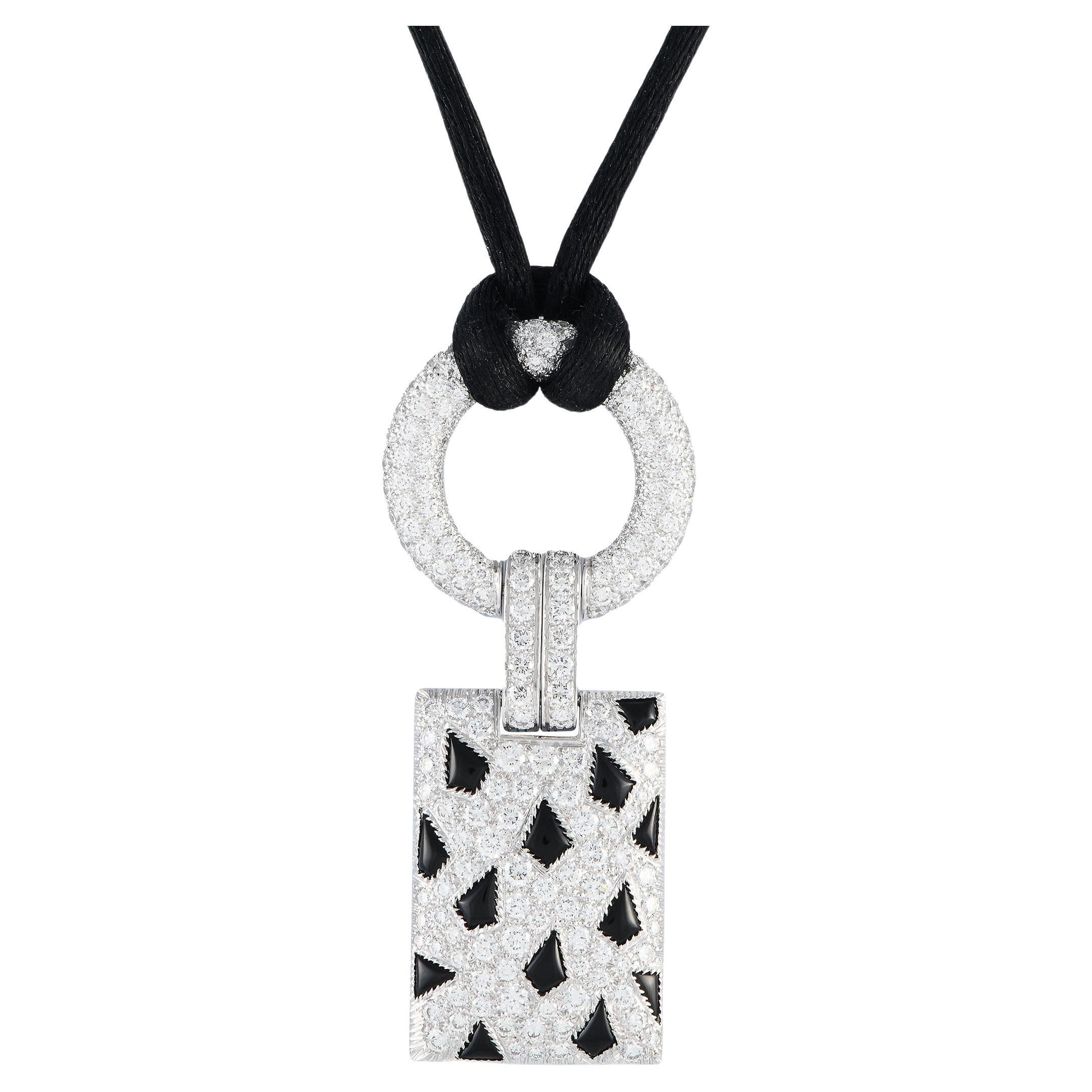 Cartier Panthere 18K White Gold 2.85ct Diamond and Onyx Pendant Necklace 