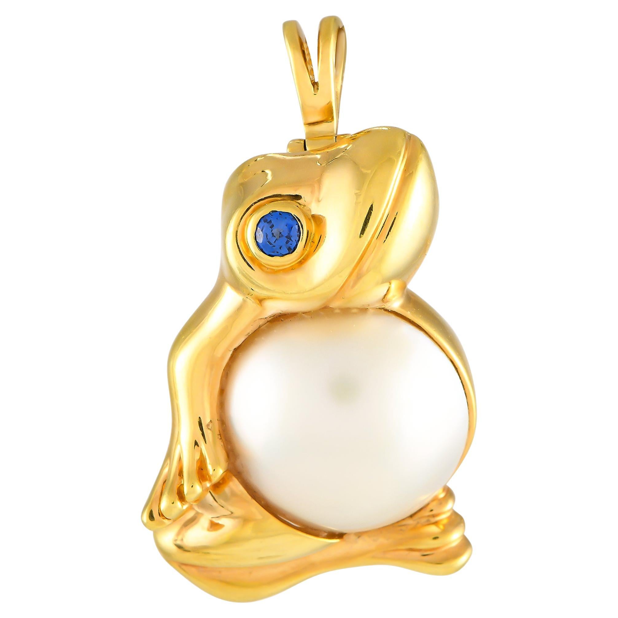 Van Cleef & Arpels 18K Yellow Gold Sapphire and Mabe Pearl Frog Pendant Brooch For Sale