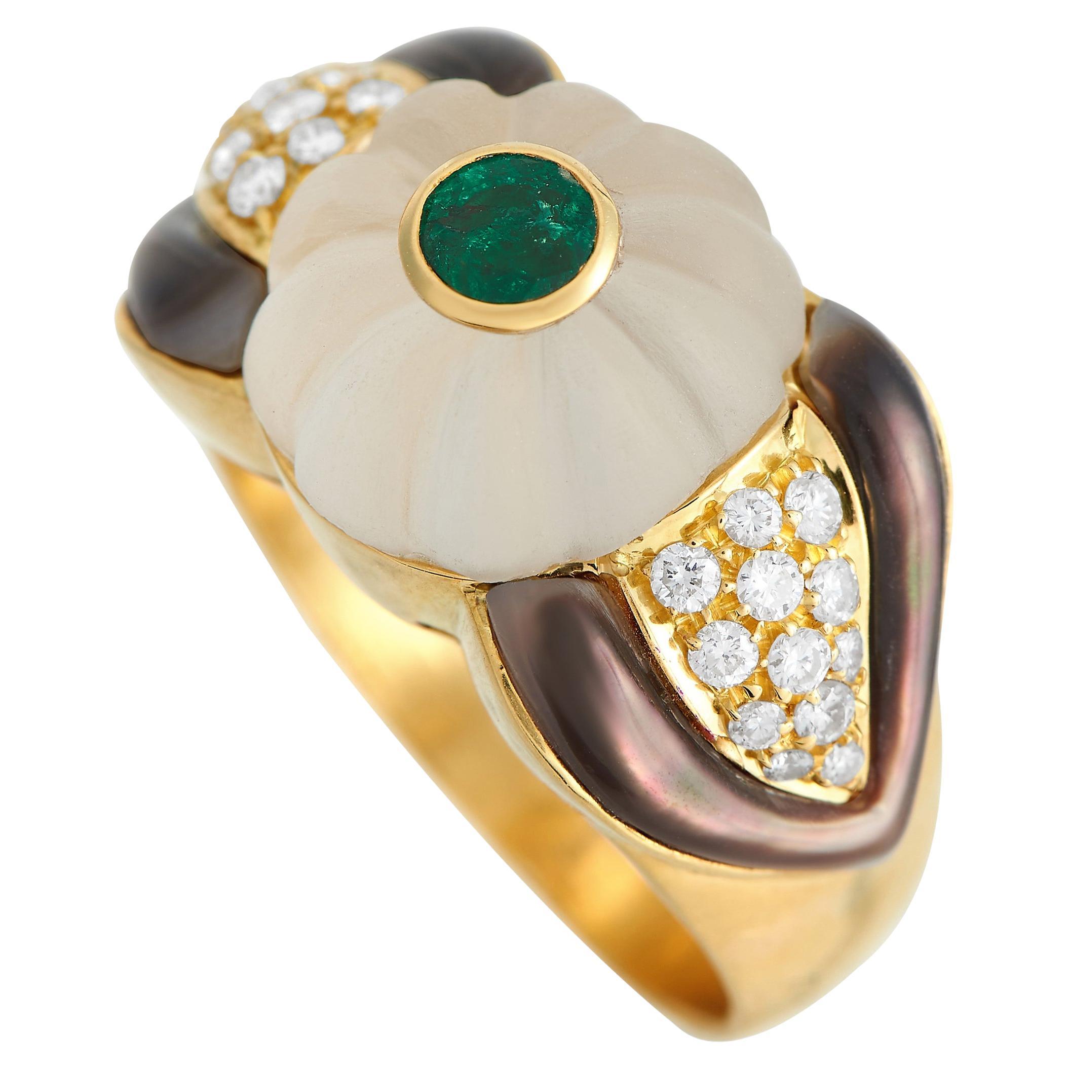 Bvlgari Vintage 18K Yellow Gold 0.35ct Diamond, Crystal, Emerald, & Pearl Ring