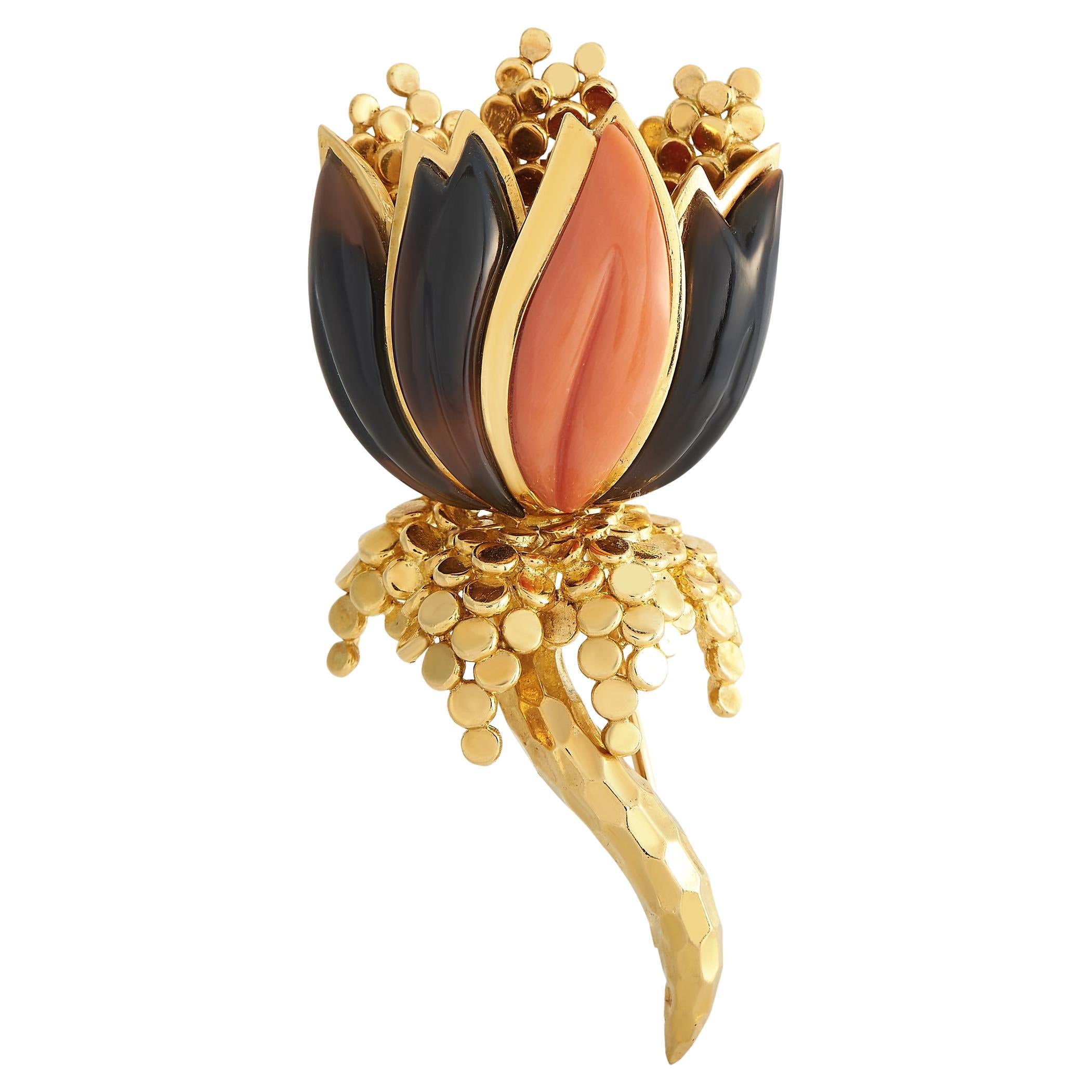 Wander France 18K Yellow Gold Citrine and Coral Flower Brooch