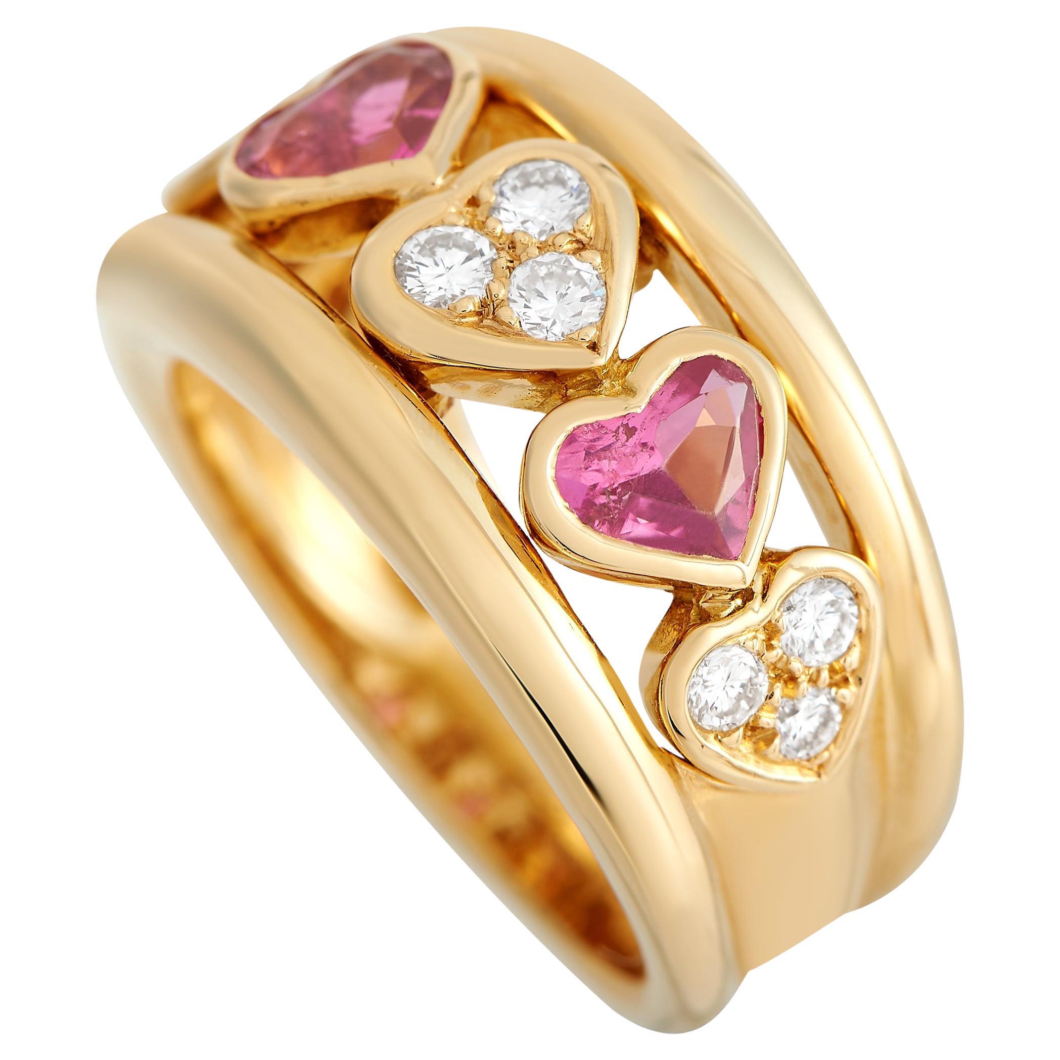 Van Cleef & Arpels 18K Yellow Gold 0.25ct Diamond and Pink Sapphire Heart Ring For Sale