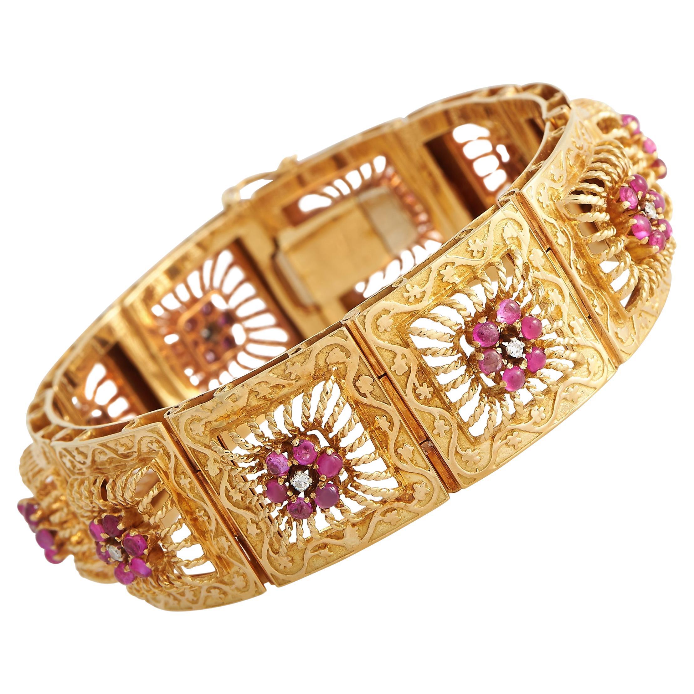 Bracelet Art Nouveau en or jaune 18K avec diamants et rubis