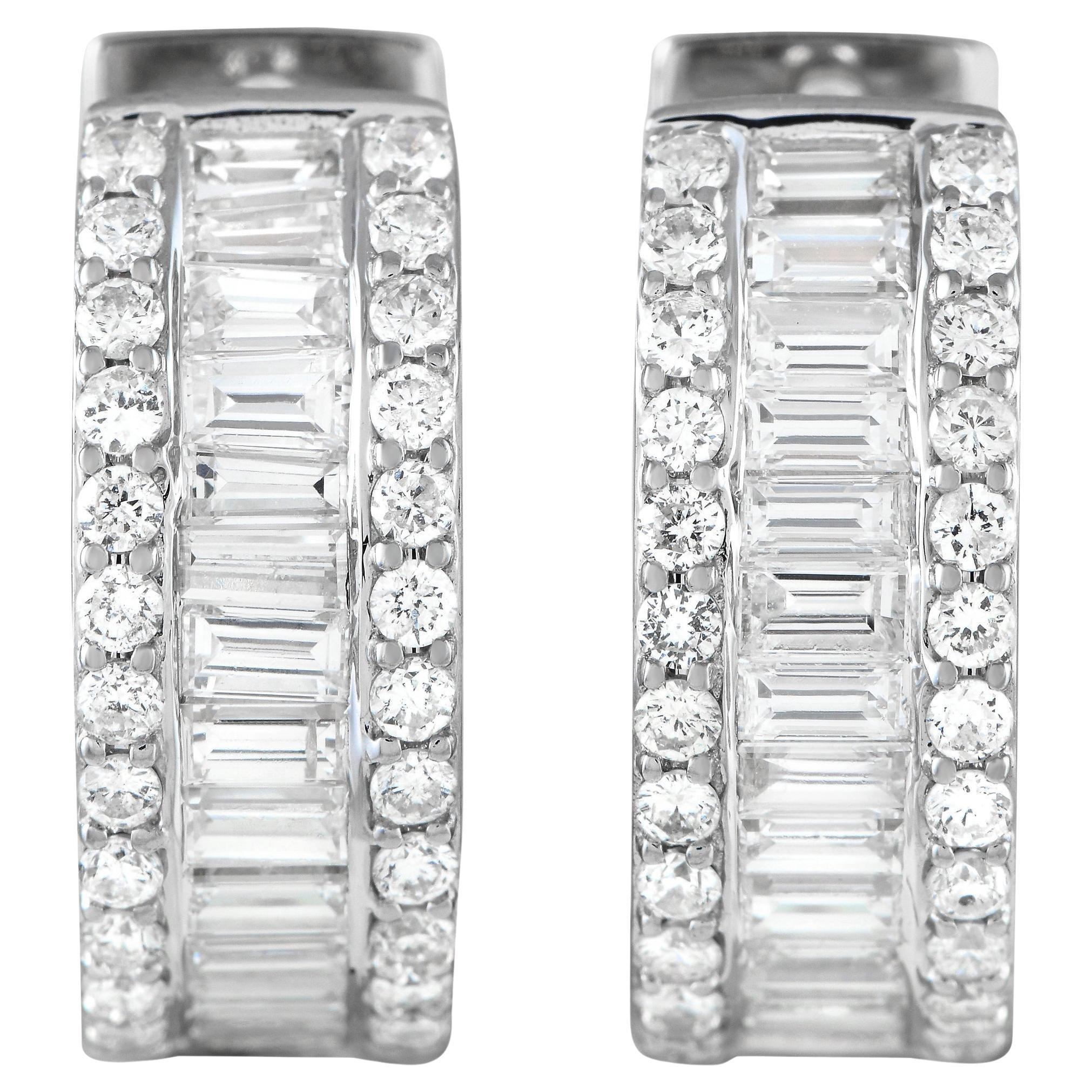18K White Gold 2.53ct Diamond Baguette Channel Hoop Earrings For Sale