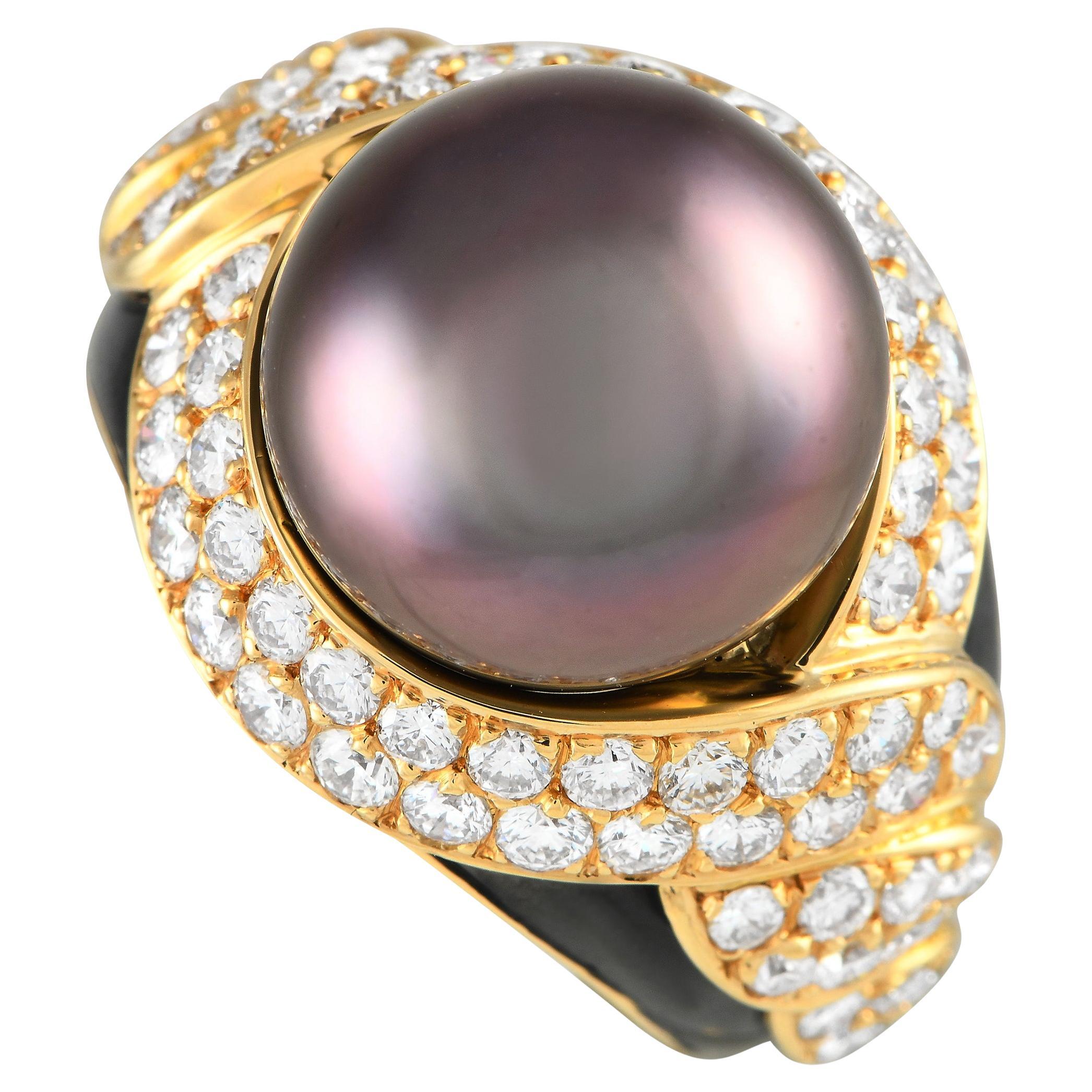 18K Yellow Gold 1.64ct Diamond and Tahitian Pearl Statement Ring For Sale