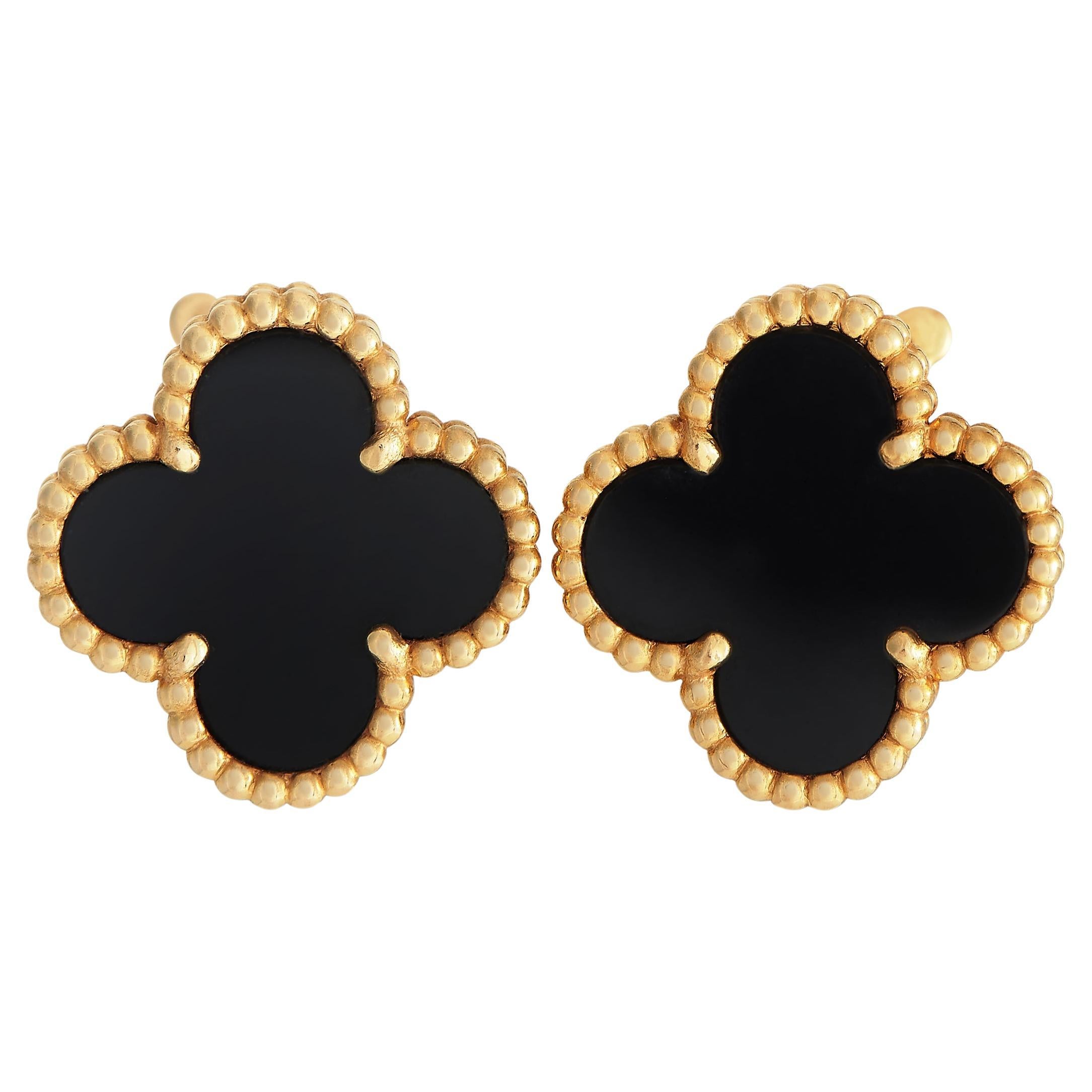 Van Cleef & Arpels Vintage Alhambra 18K Yellow Gold Black Onyx Clip-On Earrings