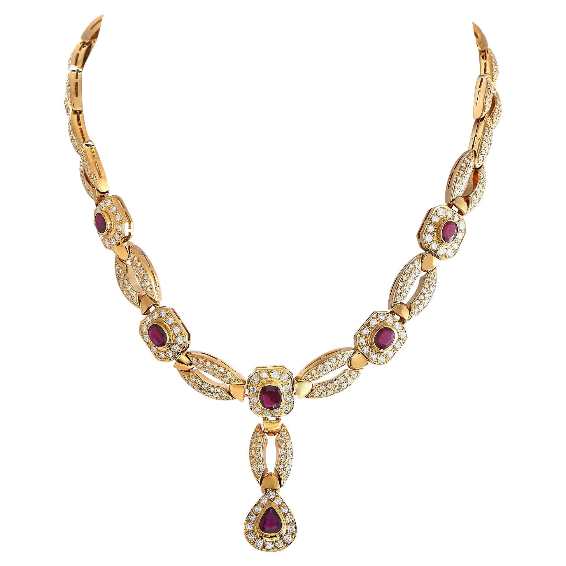 18K Yellow Gold 7.87ct Diamond and Ruby Necklace For Sale