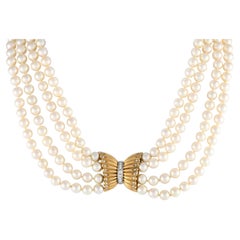 18K Yellow Gold 0.35ct Diamond 4-Strand Pearl Necklace