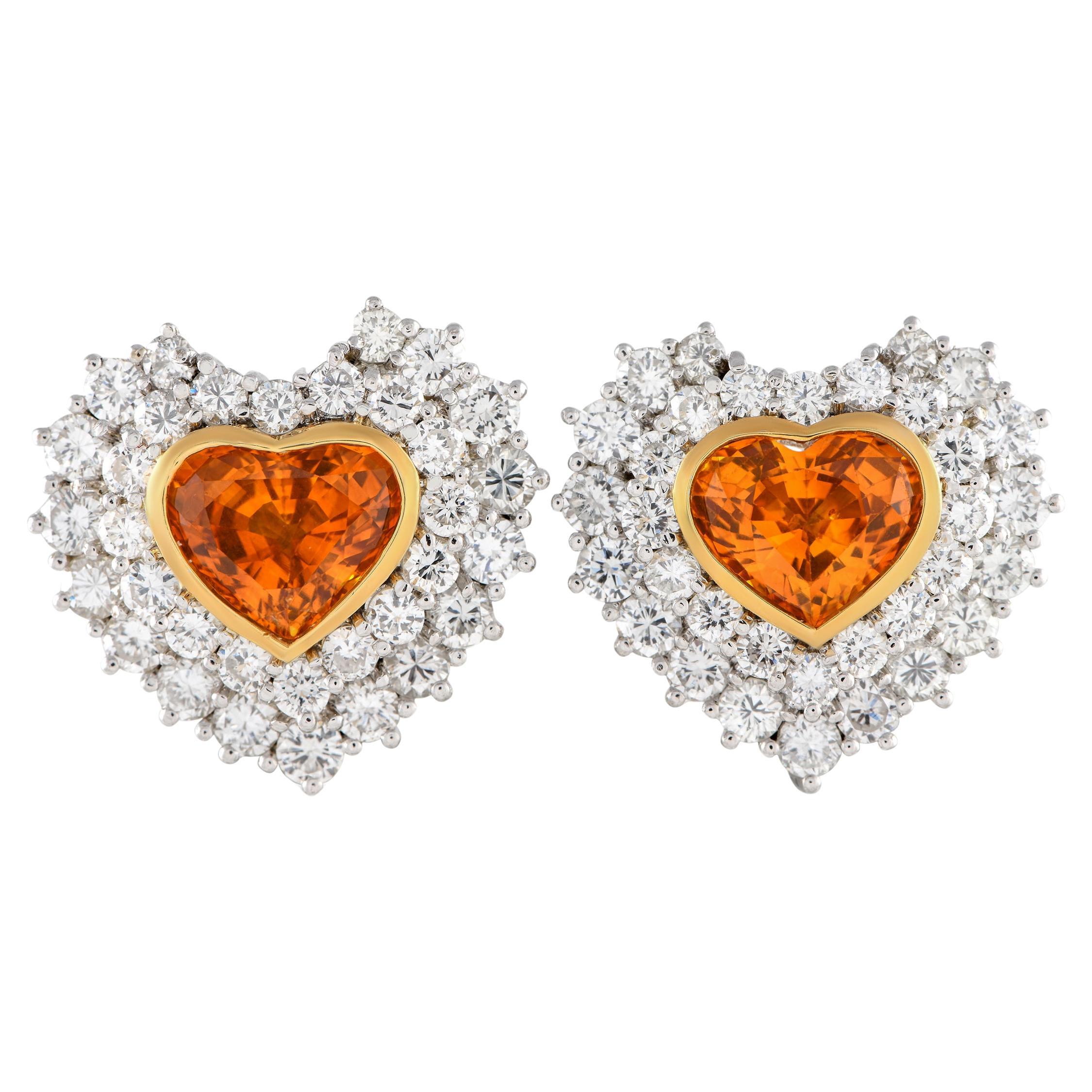 18K White and Yellow Gold 3.62ct Diamond and Sapphire Heart Earrings For Sale