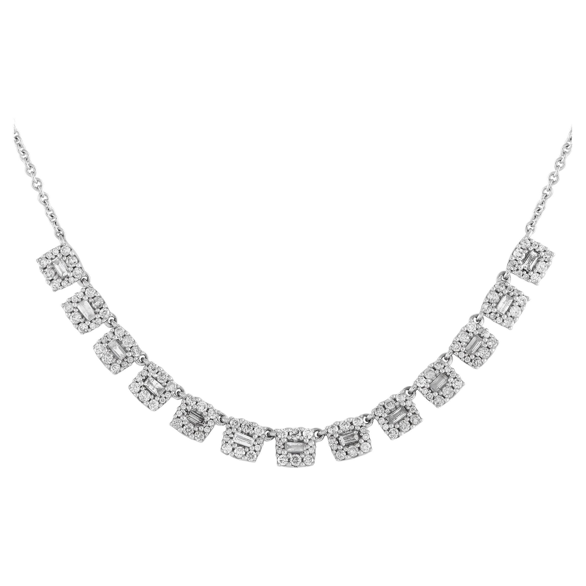 14K White Gold 1.0ct Diamond Square Fringe Necklace For Sale