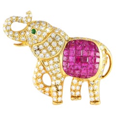 18K Yellow Gold 0.86ct Diamond and Ruby Elephant Brooch 