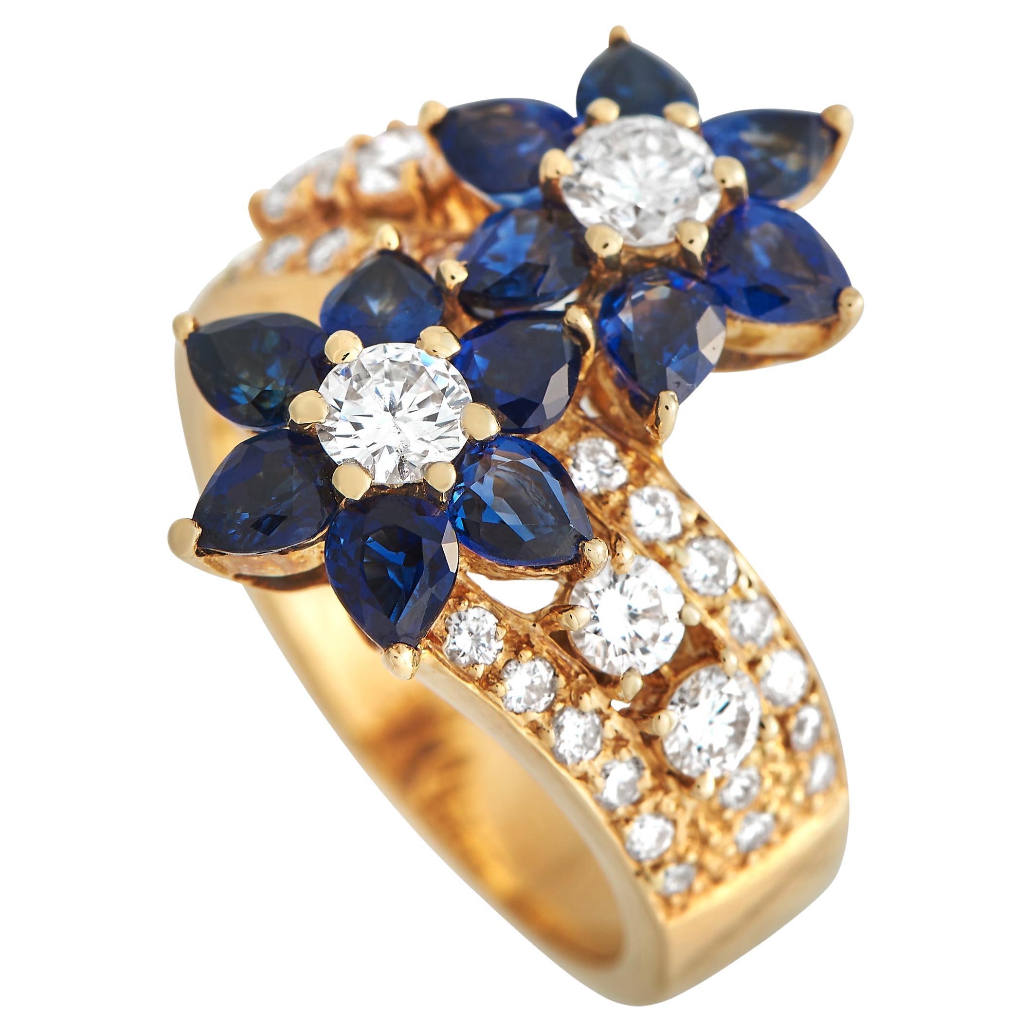 18K Yellow Gold 1.08ct Diamond and Sapphire Flower Ring