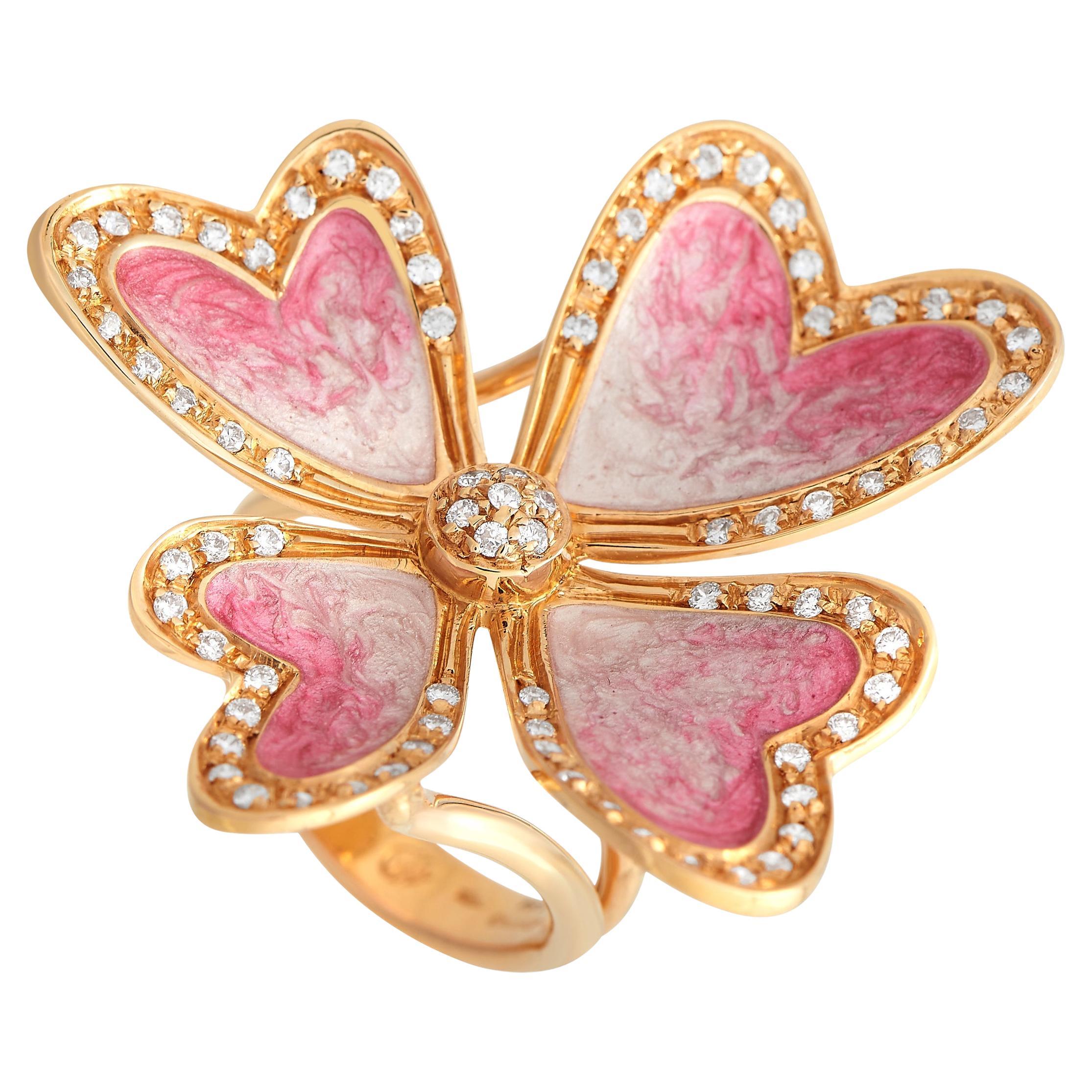 18 Karat Gelbgold 0,64 Karat emaillierter Blumenring mit Diamanten