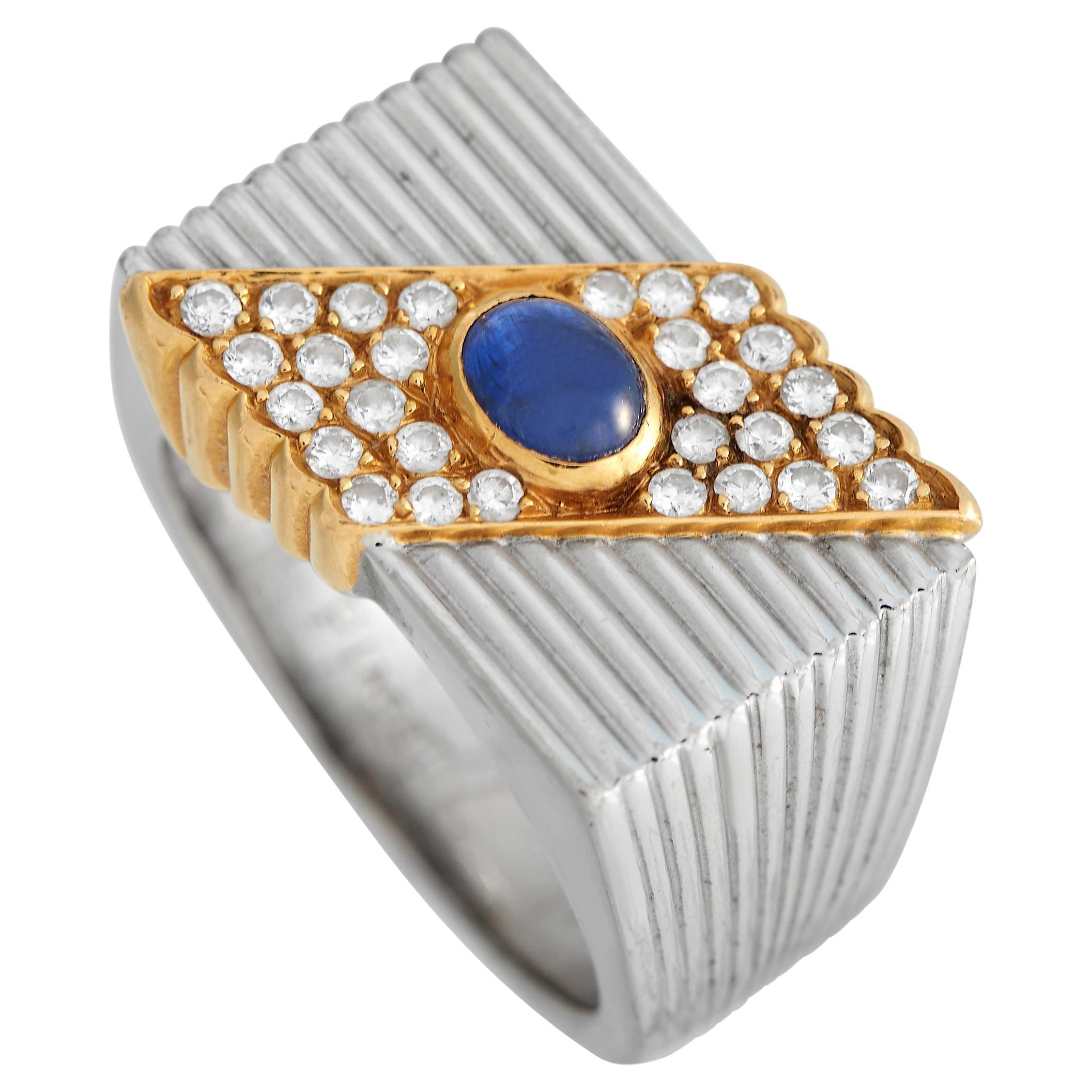 Piaget 18K White and Yellow Gold Diamond and Sapphire Fluted Square Ring For Sale