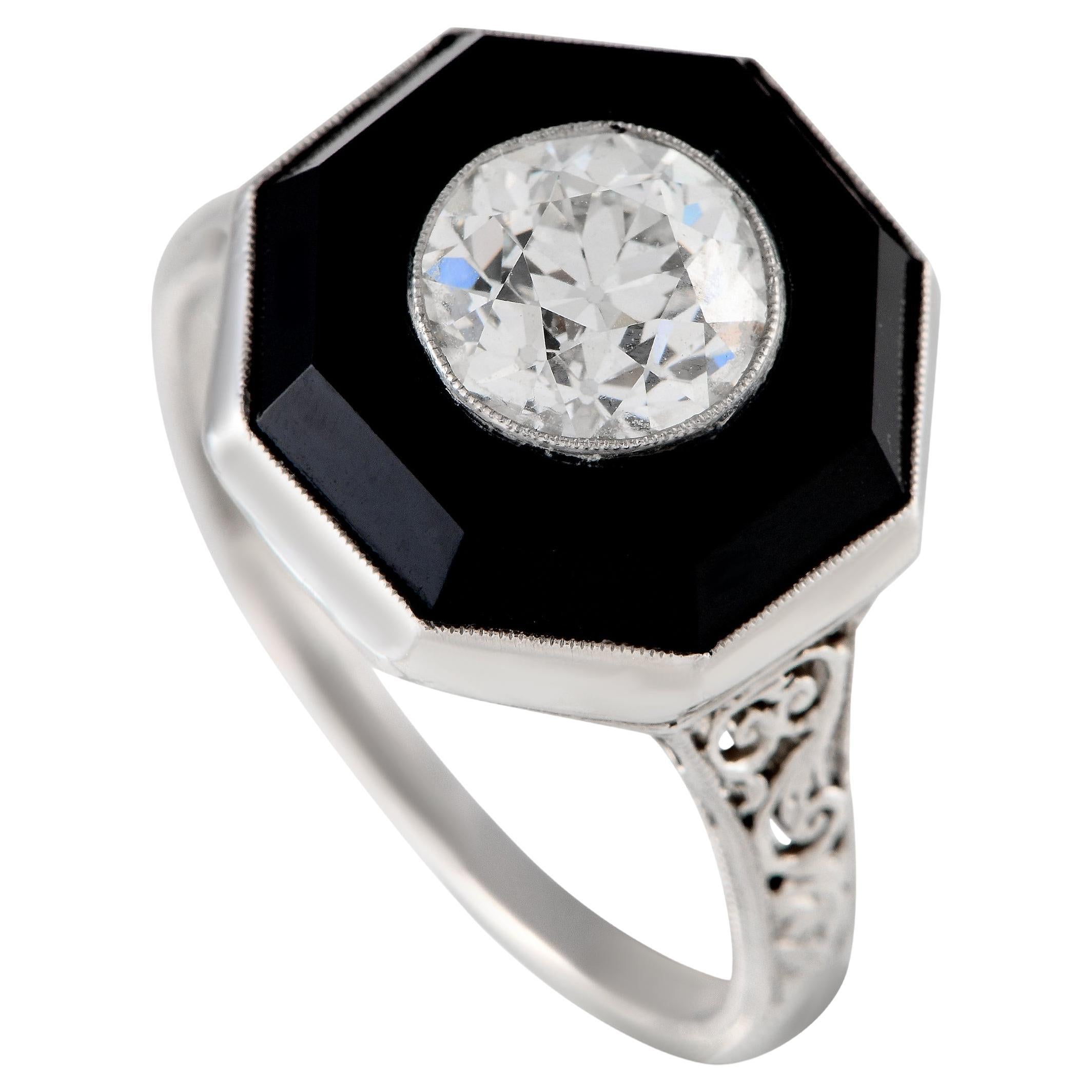 Antique Platinum 1.51ct Diamond and Onyx Ring For Sale