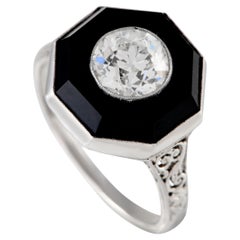 Antique Platinum 1.51ct Diamond and Onyx Ring