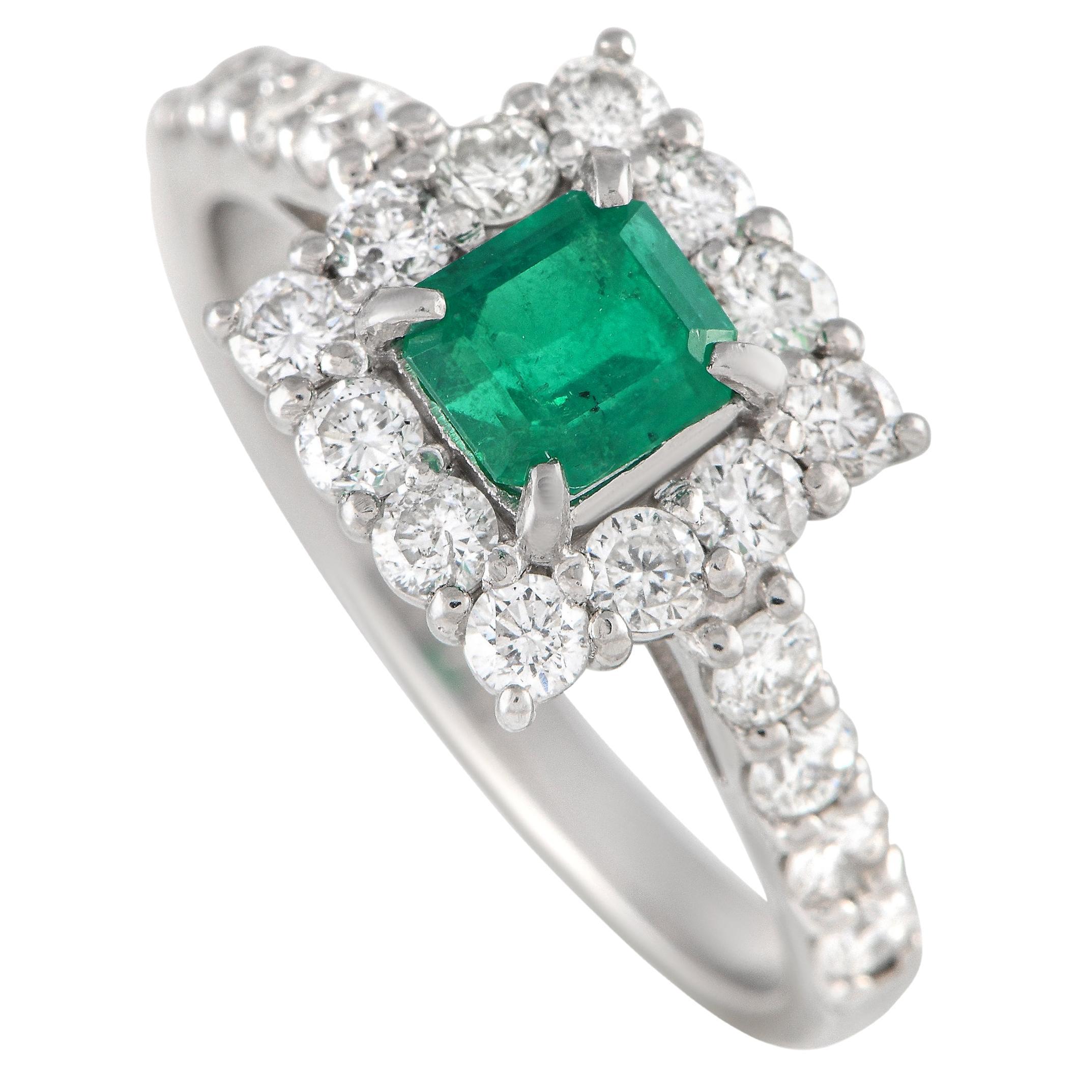 Platinum 0.82ct Diamond and Emerald Ring  For Sale