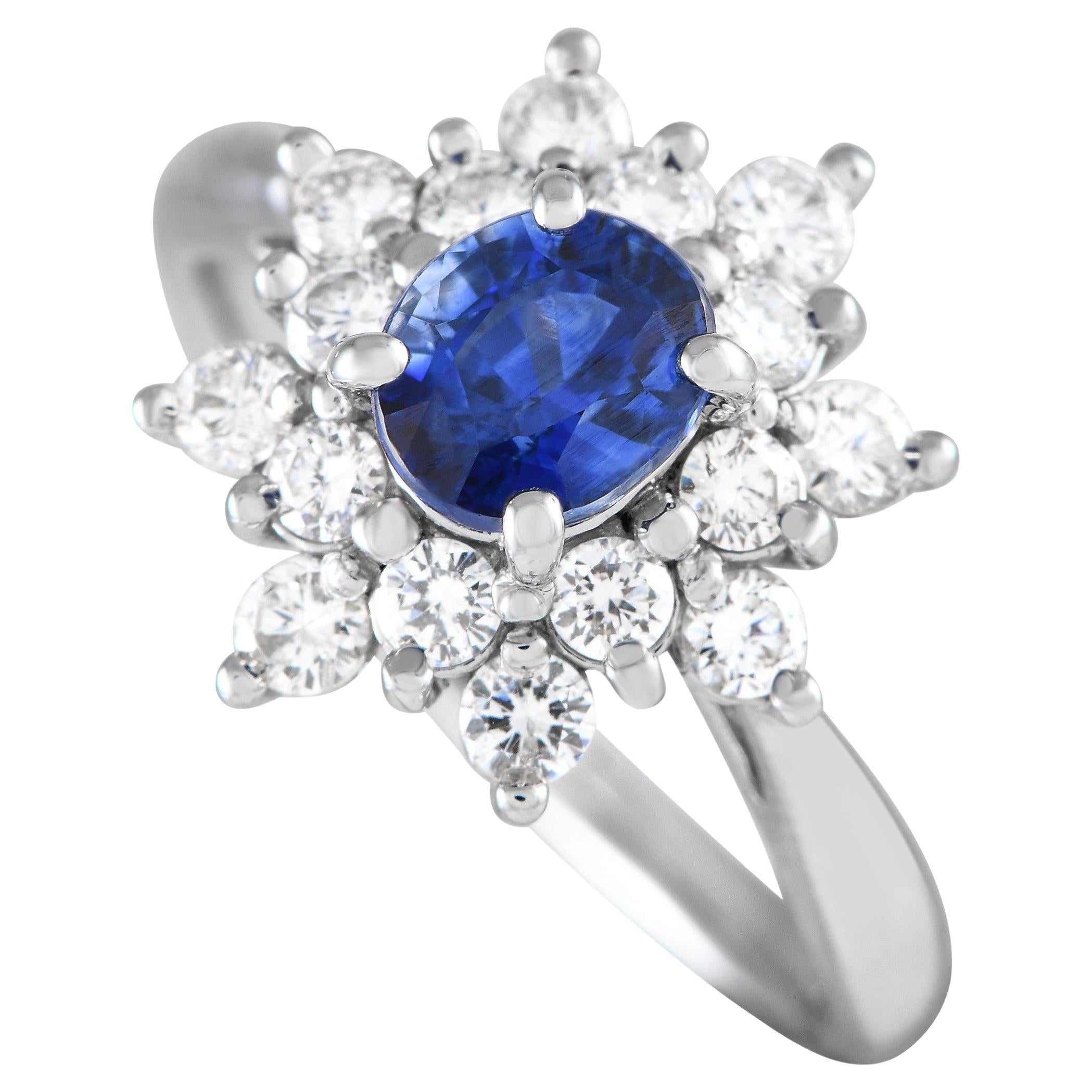 Platinum 0.67ct Diamond and Blue Sapphire Starburst Ring For Sale