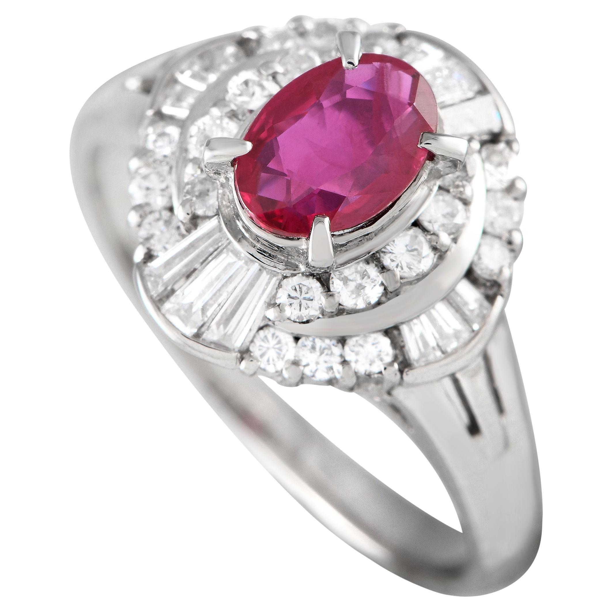 Platinum 0.52ct Diamond and Ruby Stepped Halo Ring