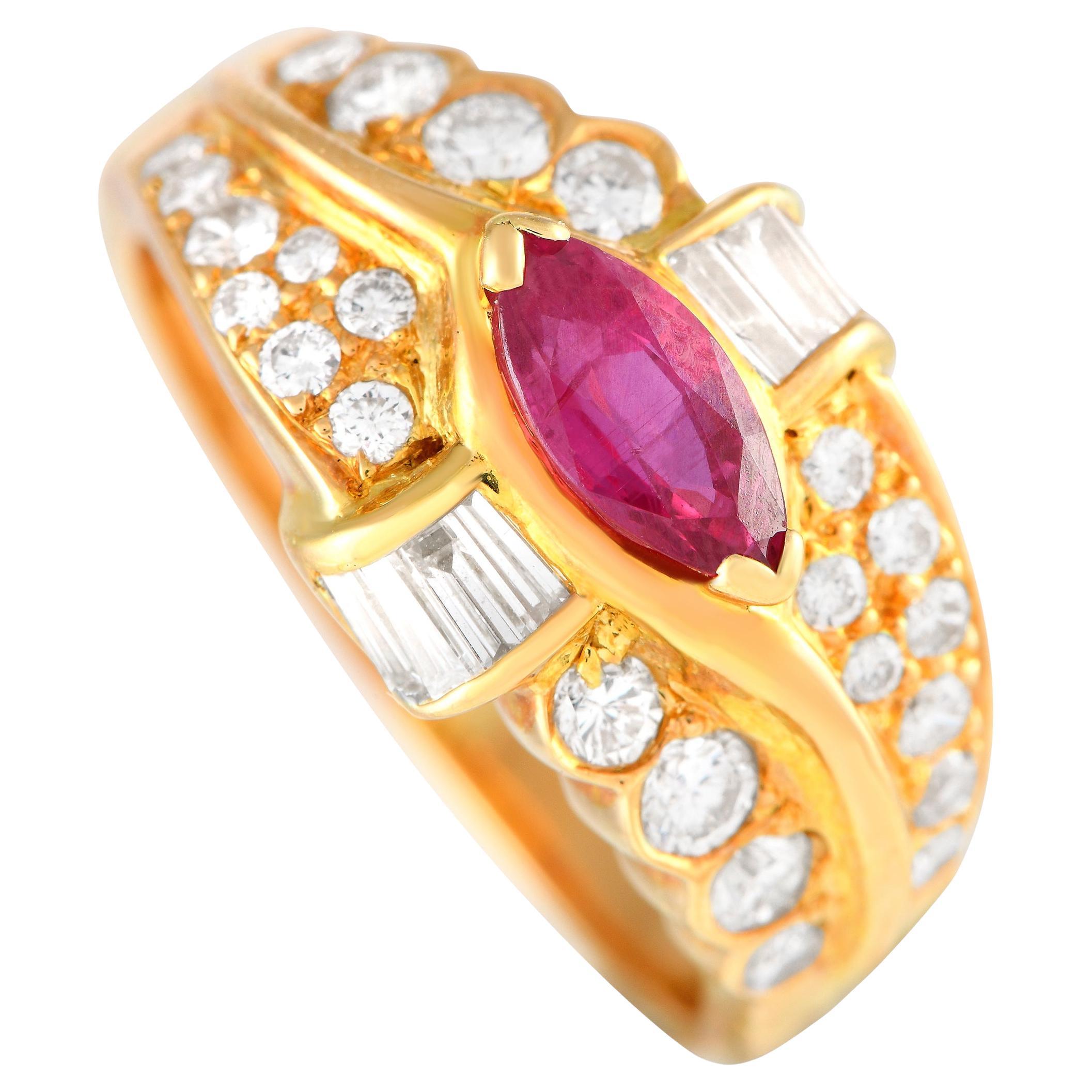 18K Yellow Gold 0.90ct Diamond and Ruby Marquise Ring  For Sale