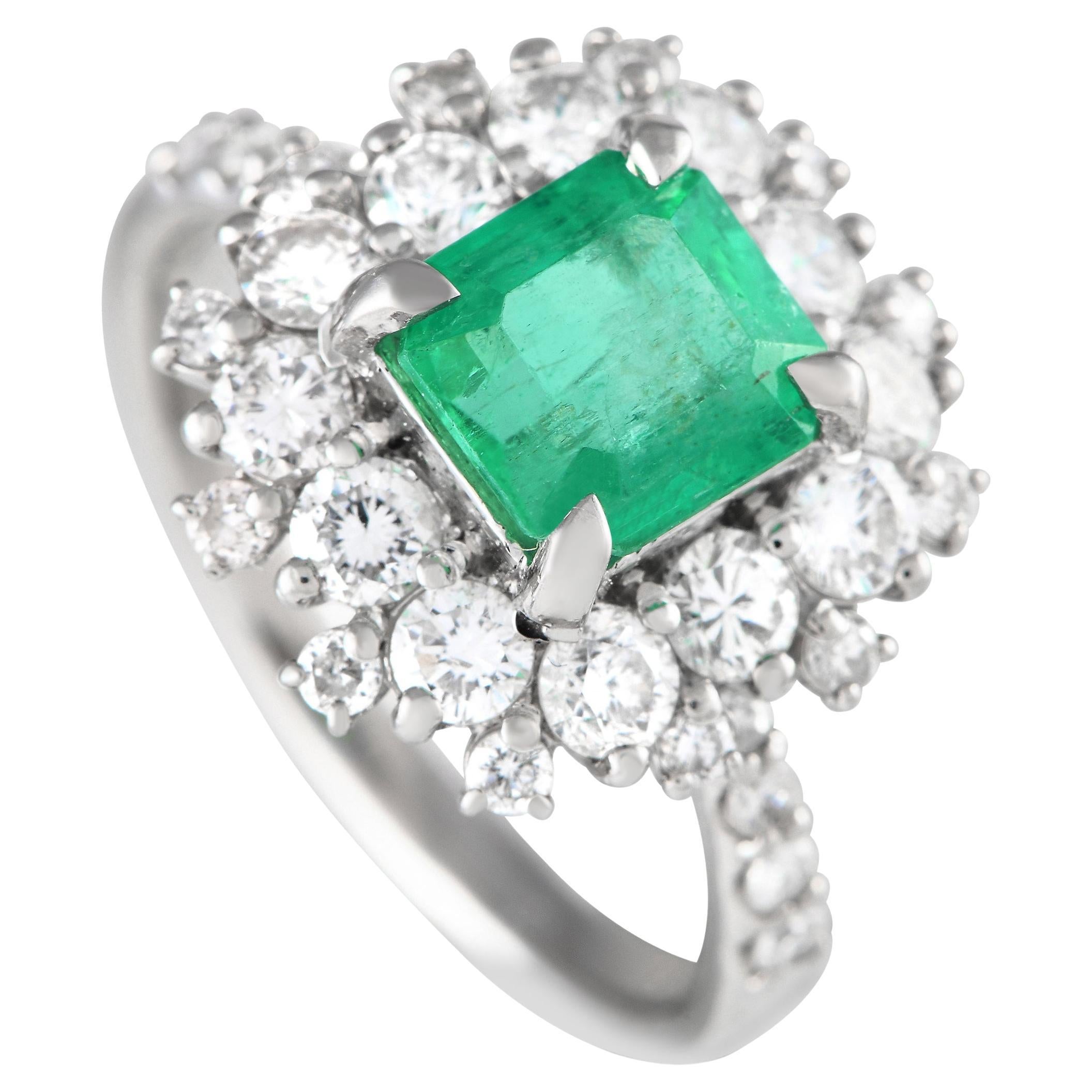 Platinum 1.29ct Diamond and Emerald Ring  For Sale