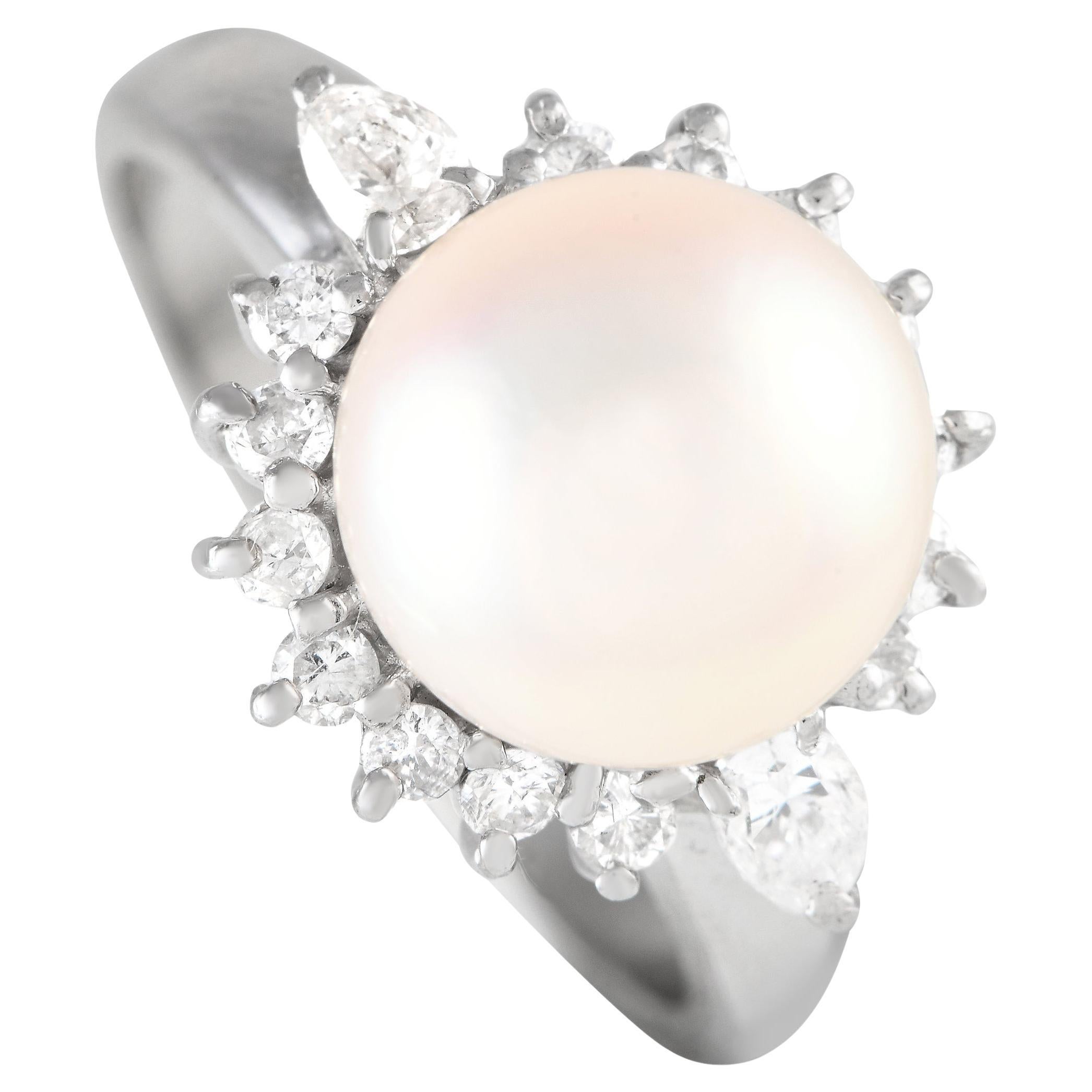 Platinum 0.43ct Diamond and Pearl Ring For Sale