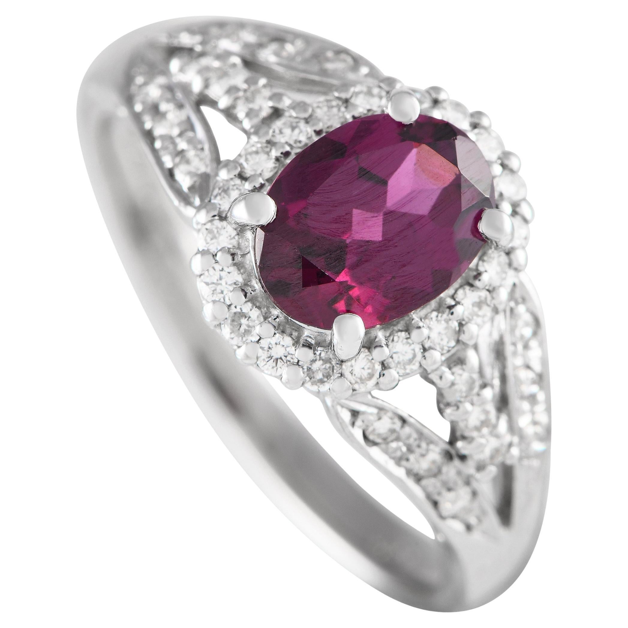 Bague en or blanc 18 carats, diamant 0,35 carat et grenat rhodolite en vente