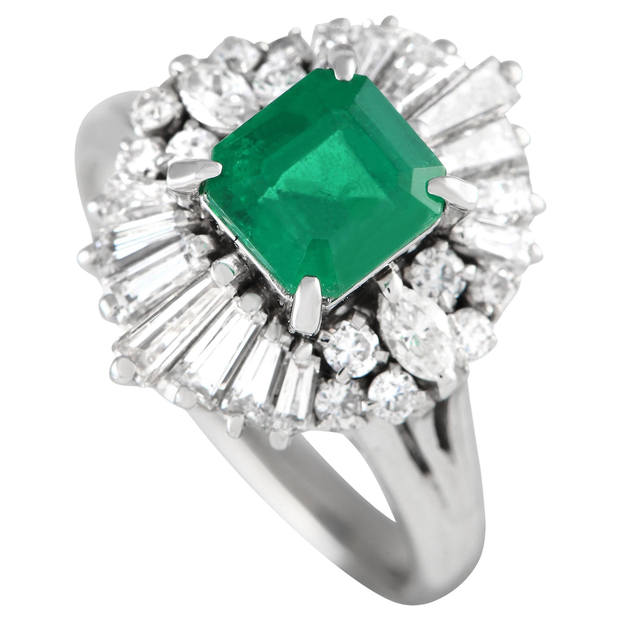 Platinum 0.93ct Diamond and Emerald Ring  For Sale