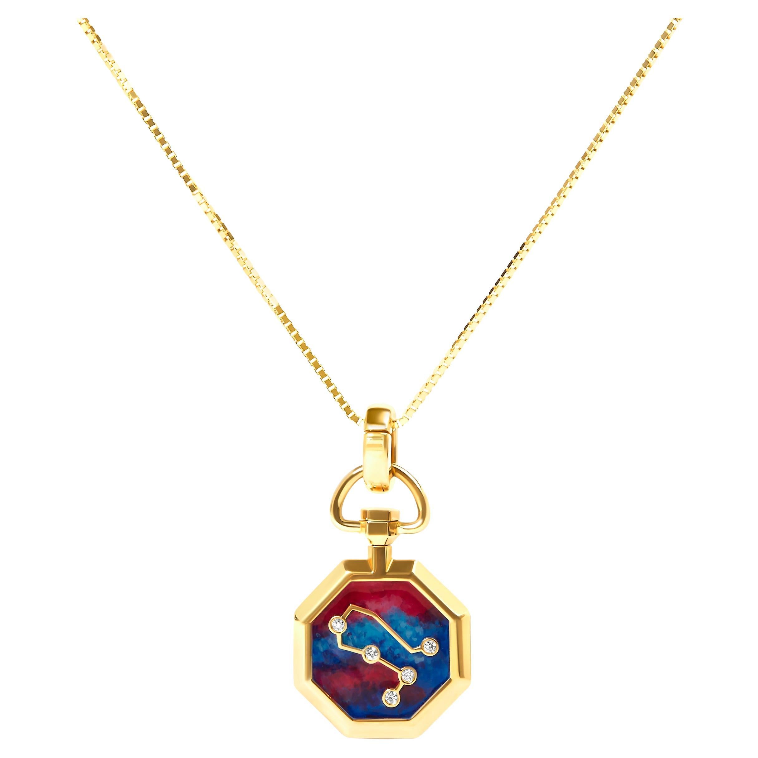 Yellow Gold Diamond Gemini Constellation with Red & Blue Enamel Pendant Necklace For Sale