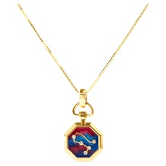 Yellow Gold Diamond Gemini Constellation with Red & Blue Enamel Pendant Necklace
